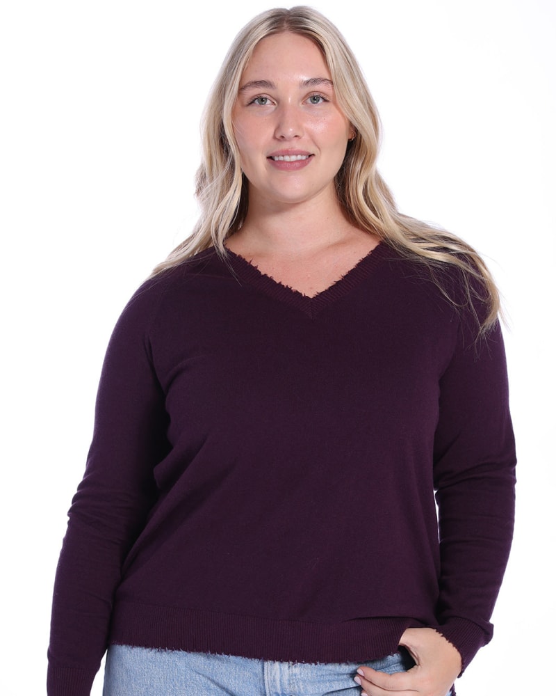 Front of a model wearing a size 2X Cotton Cashmere Distressed Long Sleeve V-Neck Sweater in Loganberry by Minnie Rose. | dia_product_style_image_id:324861